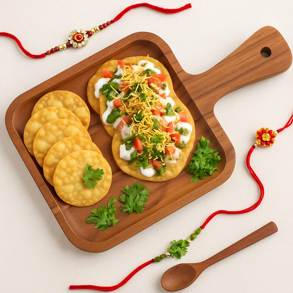 Papdi Chaat on Partitioned Wooden Platter