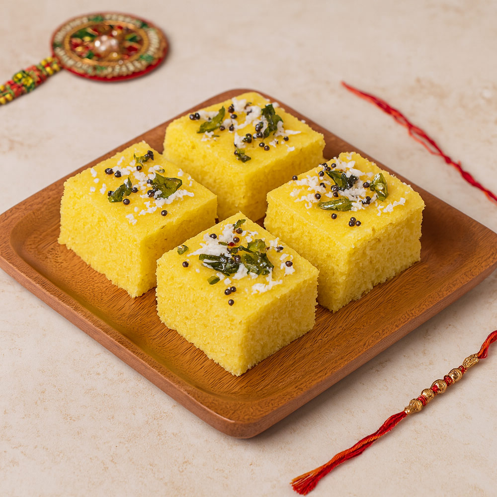 Khaman Dhokla on Square Wooden Plate